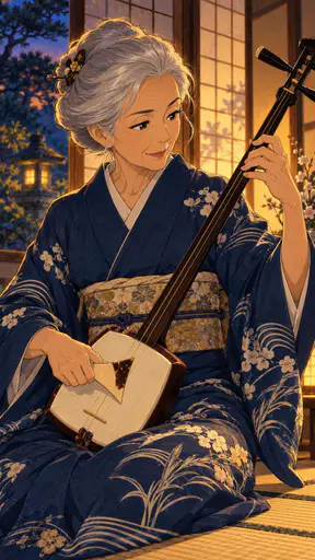 An elderly Japanese woman in a kimono sits with her hands delicately poised over a shamisen with silver hair pinned up and a paper screen glowing behind her.