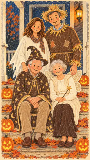 Two seated grandparents dressed as a wizard and a fairy with two standing adults as a ghost and a scarecrow on porch steps lined with glowing jack o lanterns.