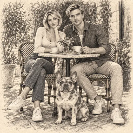 Pencil sketch of a blonde woman resting her chin on her hand and a man holding a coffee cup at a round cafe table, with a merle French bulldog sitting in front