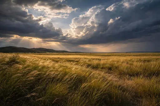 Open grassland under a dramatic sky with layered storm clouds, shafts of light, and distant ridgelines, composed as a 3:2 landscape photograph for wallpaper use.