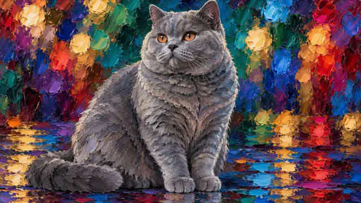 A gray British shorthair cat with round copper eyes and a plush dense coat sits posed against a backdrop of colorful glowing bokeh lights.