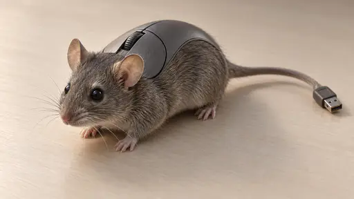 Computer mouse: a small gray mouse with a smooth computer-mouse shell integrated along its back, two click panels above its shoulders, a scroll wheel between them and a USB plug at the end of its tail, resting on a clean unlettered desk in soft macro light.