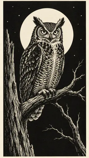 A great horned owl with raised ear tufts and round eyes perches upright on a broken branch before a large full moon in white line engraving.