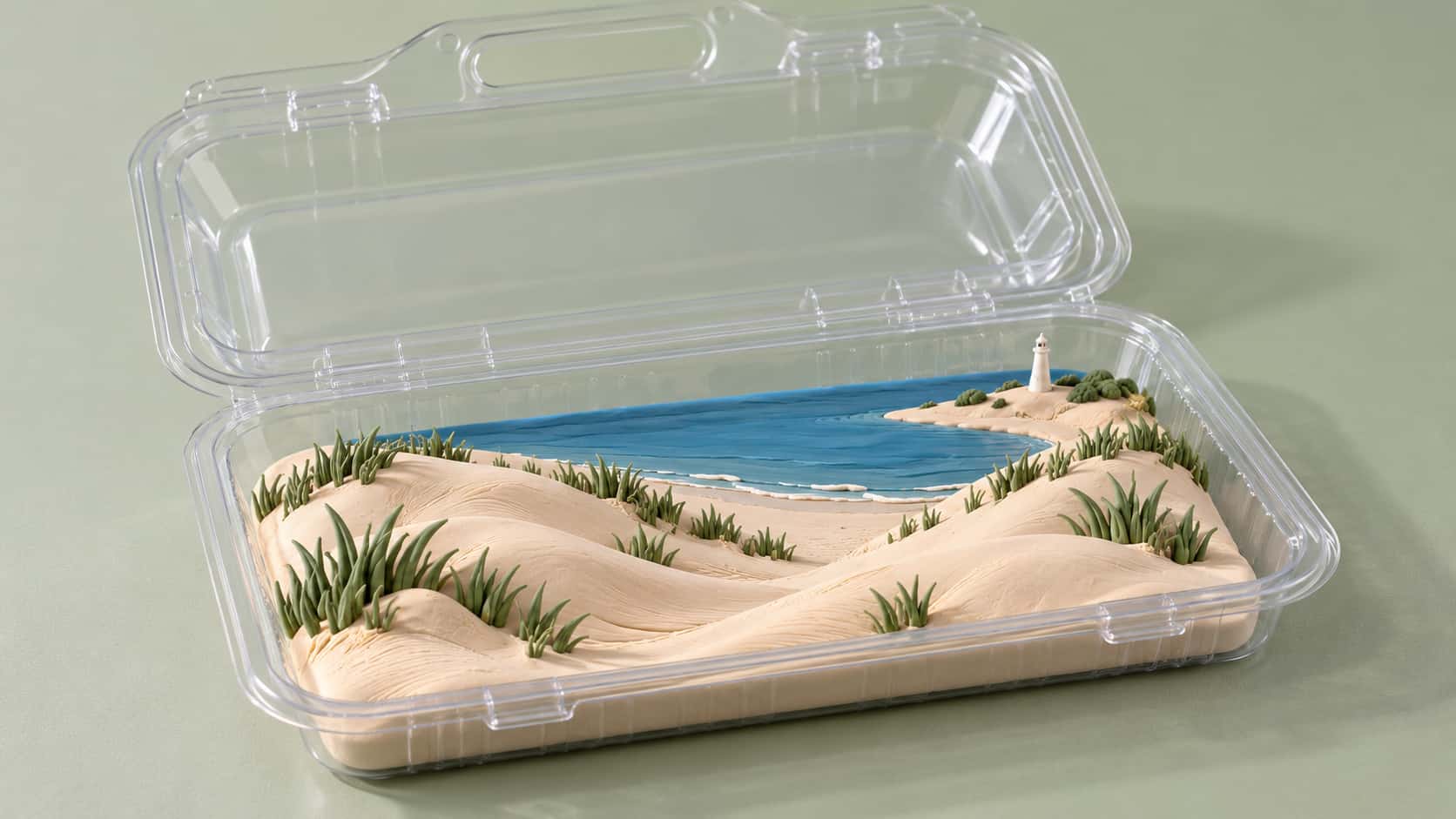 Pale clay sand dunes with beach grass, a strip of blue lake and a small lighthouse sit inside an open clear plastic clamshell container on a pale sage surface.