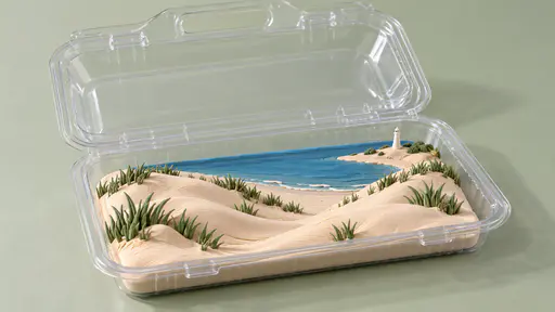 Pale clay sand dunes with beach grass, a strip of blue lake and a small lighthouse sit inside an open clear plastic clamshell container on a pale sage surface.
