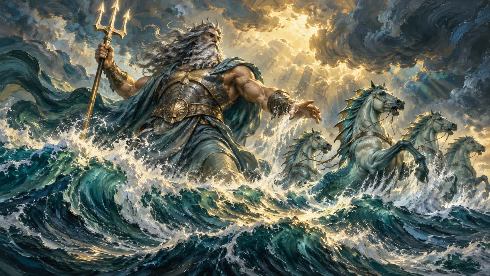 The Greek god Poseidon rises from a stormy sea with a raised trident, his hair and the waves echoing each other in sweeping bands of teal, cobalt and pearl beside rearing sea horses.