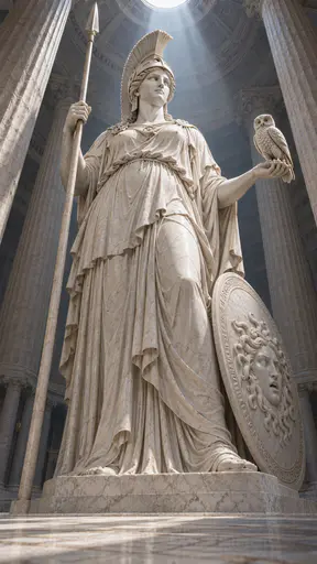 The Greek goddess Athena stands as a colossal marble statue in a columned temple in a draped peplos and crested helmet with a spear, a shield and an owl on her forearm.