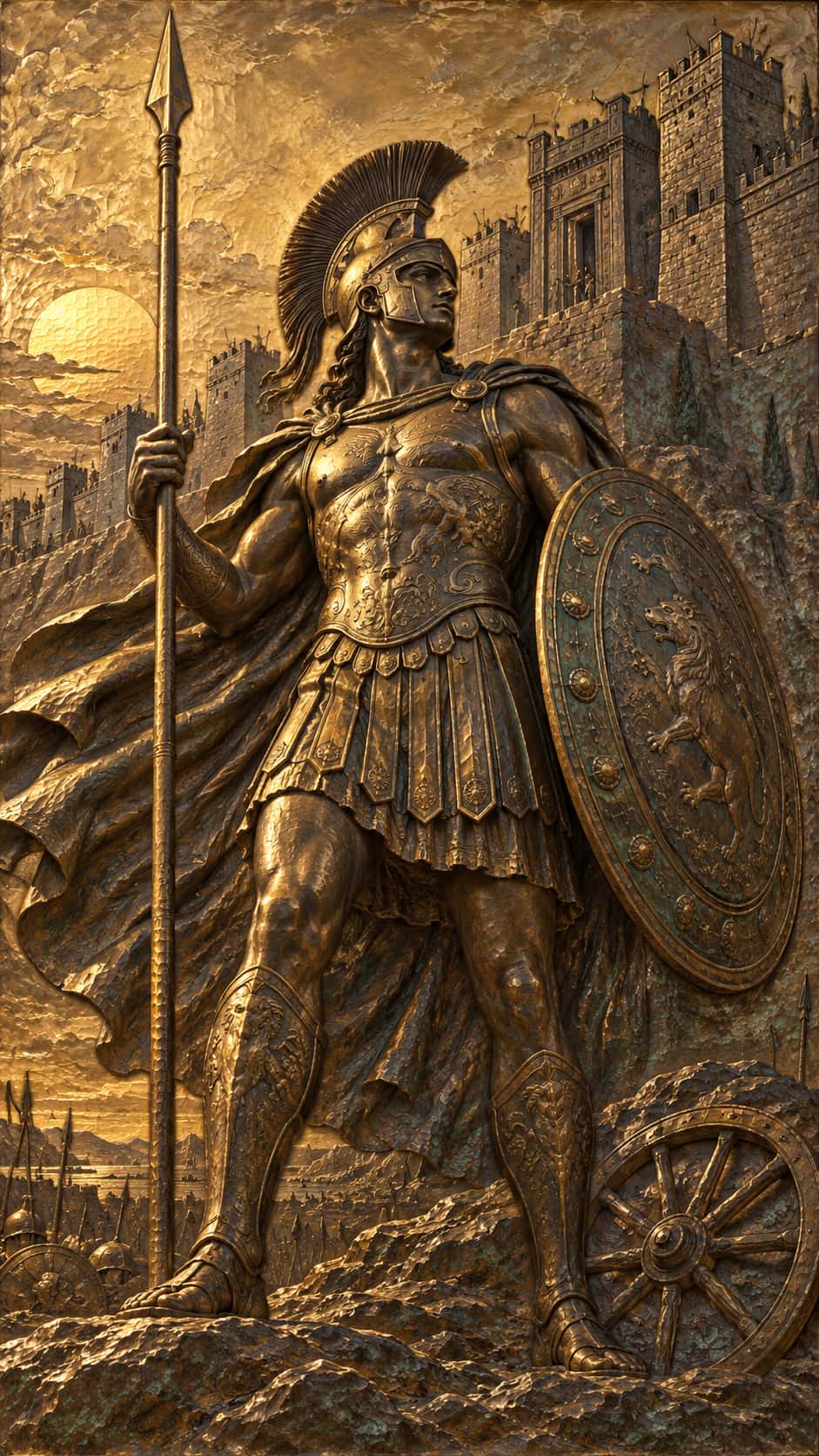 The Greek hero Achilles in a crested helmet and breastplate holds a round shield and a long spear before the high walls and towers of Troy in hammered bronze relief.