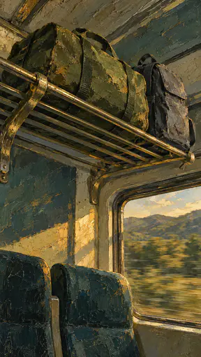 A green canvas duffel bag and a grey backpack lie on a metal luggage rack above train seats seen from below beside a window with blurred hills in layered wax paint.