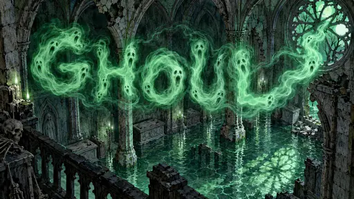 Emerald smoke with ghost faces spells GHOUL inside a flooded rib-vaulted crypt, seen from an upper gallery, with stone tombs, candles, skull and a rose window.