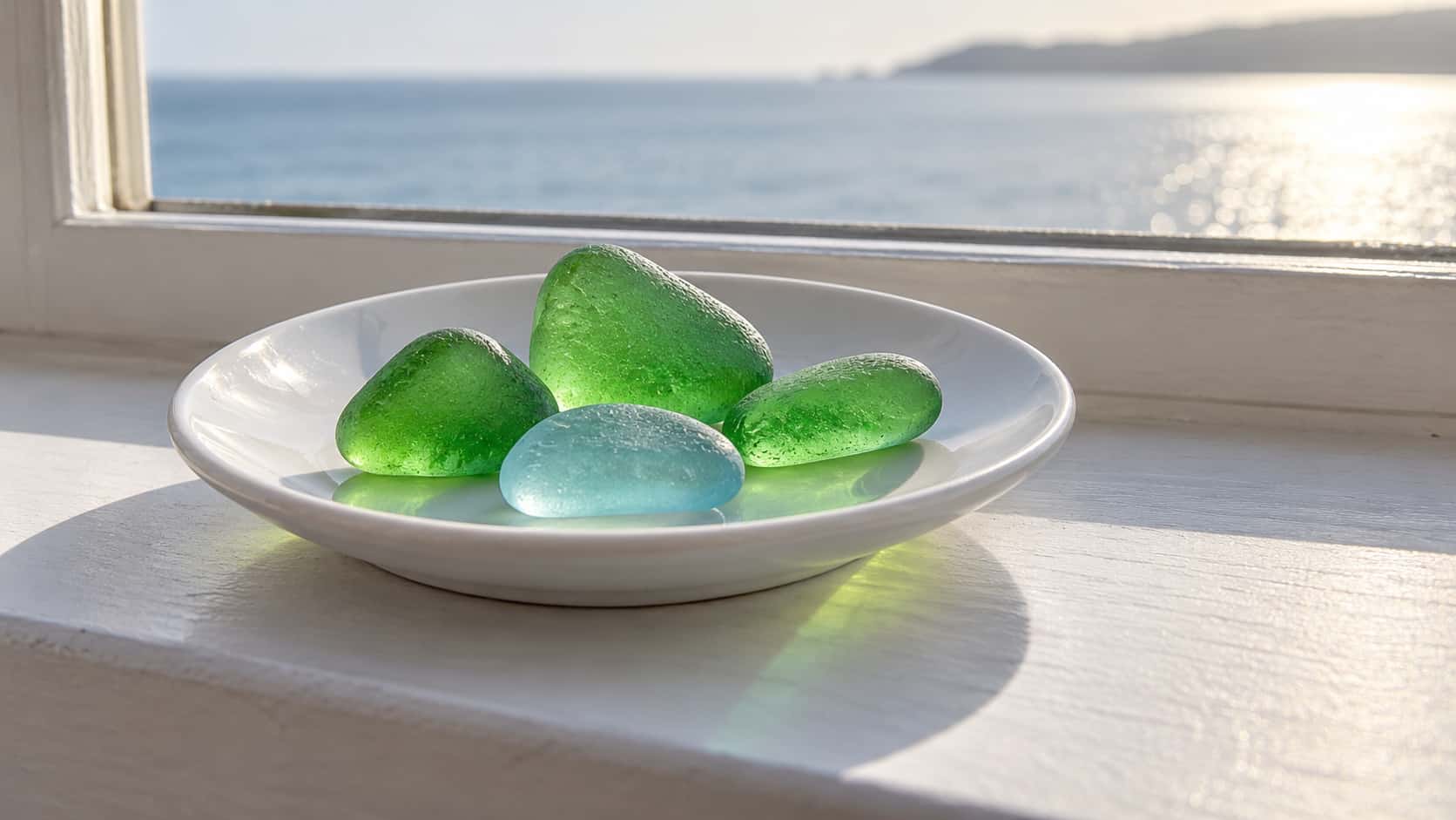 Three pieces of frosted green sea glass and one pale blue piece sit in a small white saucer on a window ledge with low sun passing through them and casting soft green and blue light.