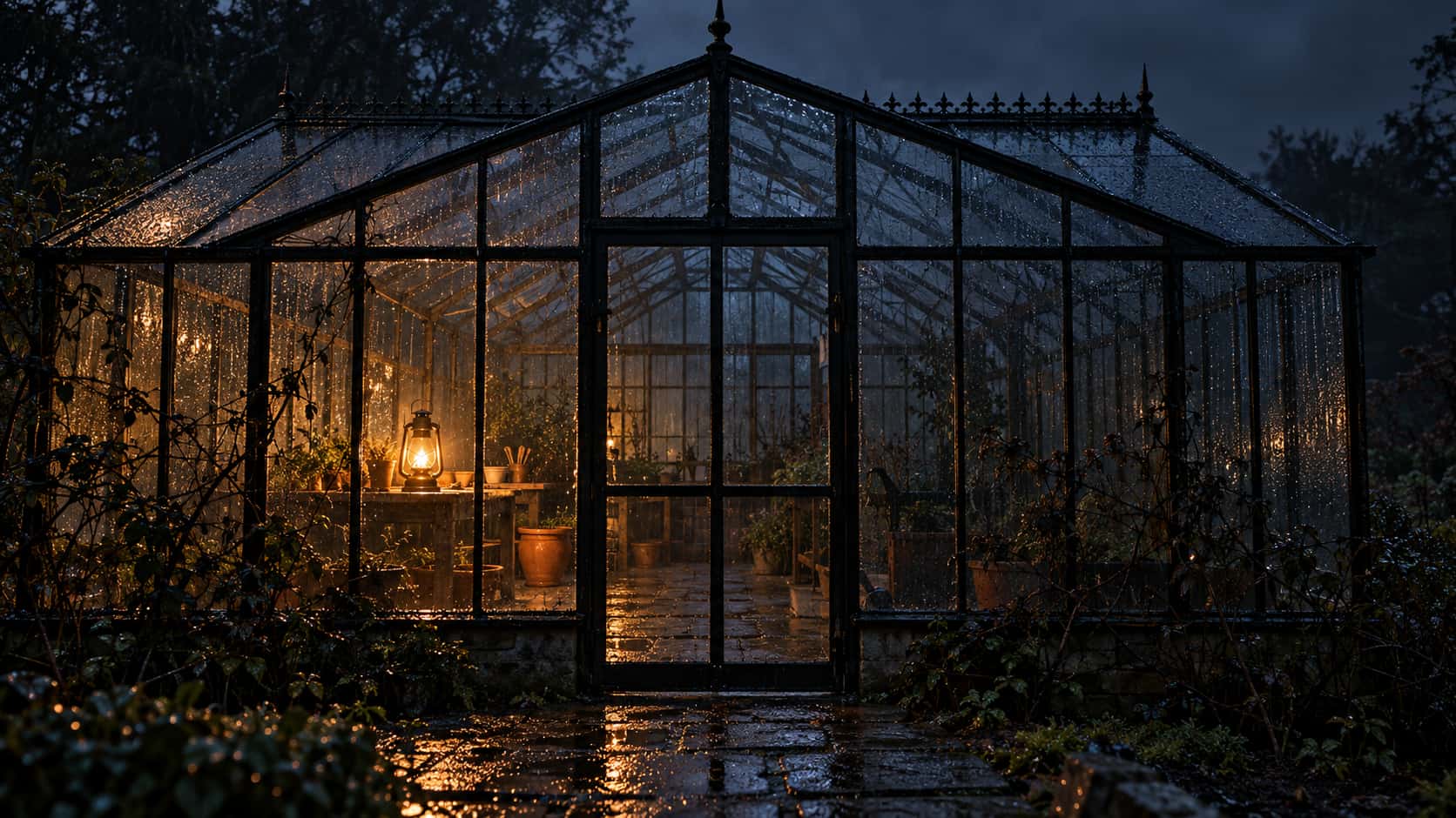 A cinematic photograph of an old glass greenhouse on a blue-grey night, every pane beaded with rain. One warm hurricane lantern lights the empty interior from the potting bench, its amber glow doubled in the wet glass and path puddles, while dark vines creep along the frame edges. A spooky greenhouse Halloween background; the calm upper-right glass is copy space.