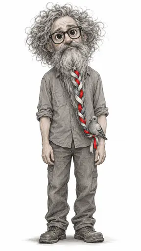 A full length drawing of a weathered grown man in a work shirt with a long grey beard braided with red, white and blue ribbon and a small star clip, a pigeon perched on the braid.