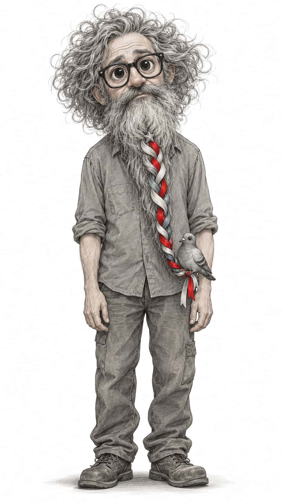 A full length drawing of a weathered grown man in a work shirt with a long grey beard braided with red, white and blue ribbon and a small star clip, a pigeon perched on the braid.
