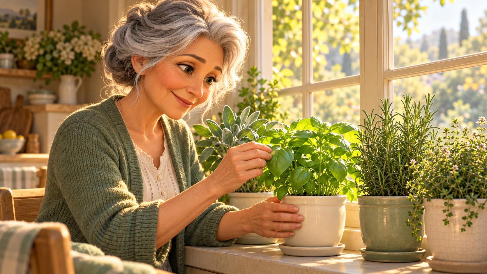 An older woman with grey hair tends potted herbs by a sunny window.