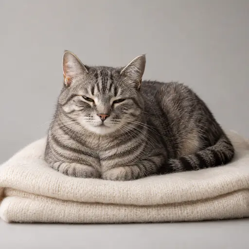 An adult grey tabby cat lies curled on a folded cream wool blanket with half closed eyes and tucked paws against a pale warm grey studio backdrop.