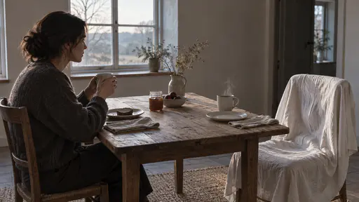 Grief leaves a place at the table: at a modest breakfast table one person sits with a half-finished cup while an empty chair draped in white linen keeps a soft indentation of a presence, beside a second poured cup still untouched and faintly steaming, the metaphor for an absence remaining present in ordinary shared routines.