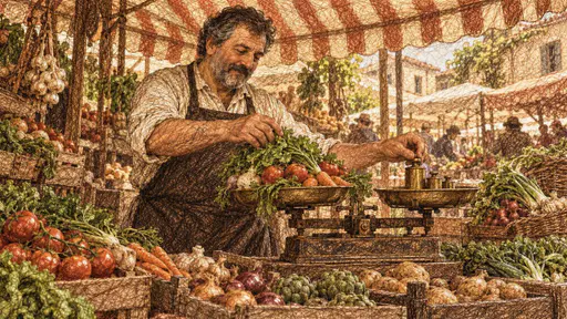 A middle aged grocer in an apron carefully weighs a pile of fresh vegetables on a brass scale at a market stall with pride in his attentive face and crates of produce and a striped awning behind.