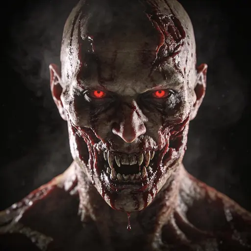 A square, close-cropped portrait of a grotesque humanoid with a blood-smeared face, realistic skin texture and cinematic high-contrast lighting amid dark fog.