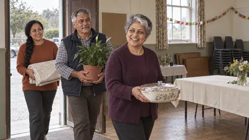 An older woman in a plum cardigan, an older man in a navy gilet and a woman with a long braid in a rust-orange jumper arrive through a community hall doorway carrying covered dishes, a potted plant and a folded cloth in soft late-afternoon light.