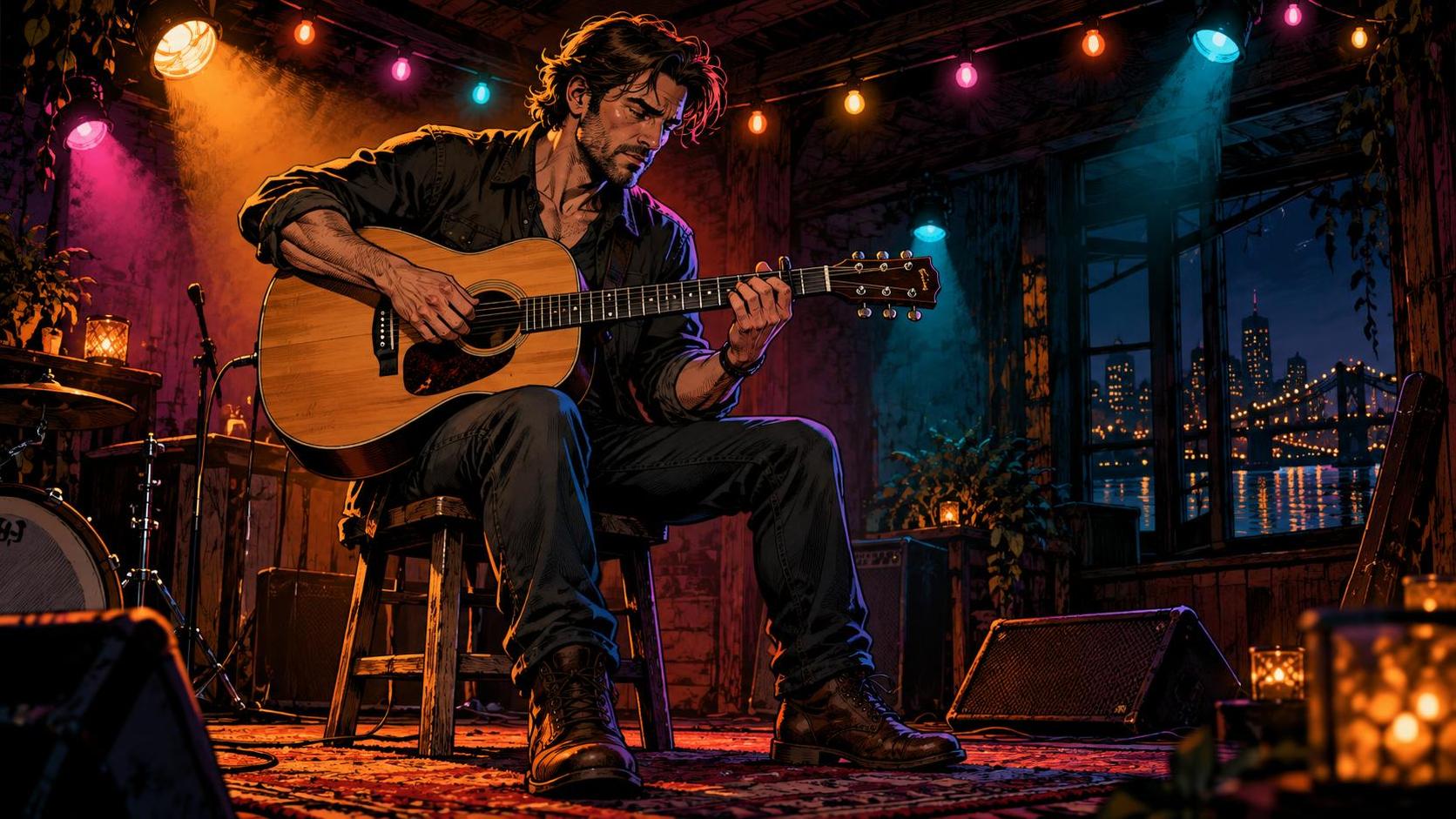 An adult man with a short beard plays an acoustic guitar with a focused expression on a small stage lit by colorful string lights and stage lights.