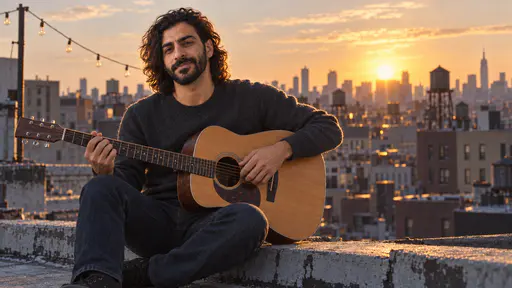 A bearded man with wavy black hair in a charcoal sweater sits on a rooftop parapet with an acoustic guitar across his lap, low sun behind his shoulder, water towers and apartment blocks below and an unlit string of bulbs above.