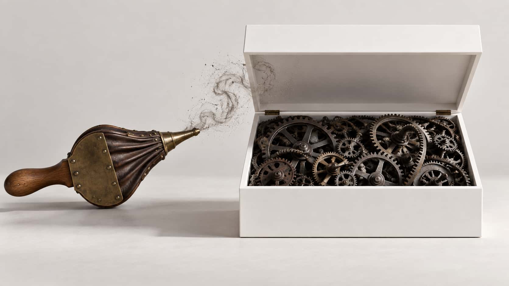 Blowing the lid off: a small brass bellows aims a gust at an immaculate white box whose hinged lid lifts upward, exposing a tangled dark mass of iron gears hidden inside, with curling dust ribbons marking the airflow.