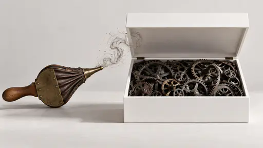 Blowing the lid off: a small brass bellows aims a gust at an immaculate white box whose hinged lid lifts upward, exposing a tangled dark mass of iron gears hidden inside, with curling dust ribbons marking the airflow.