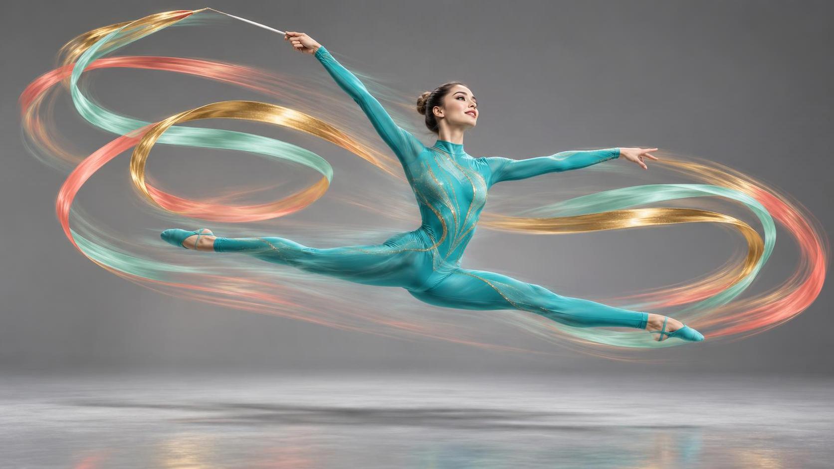 An adult rhythmic gymnast in a turquoise unitard leaps in a split with a long mint coral and gold ribbon spiralling behind her in silky motion streaks on a soft grey studio backdrop.