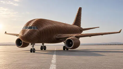 Hair plane: a small passenger airplane whose entire airframe is neatly combed brown hair, continuous strands running nose to tail as the fuselage skin parted cleanly along the crown, swept wings surfaced with taut layered strands, tail fin built of fine layered rows, honest metal landing gear…