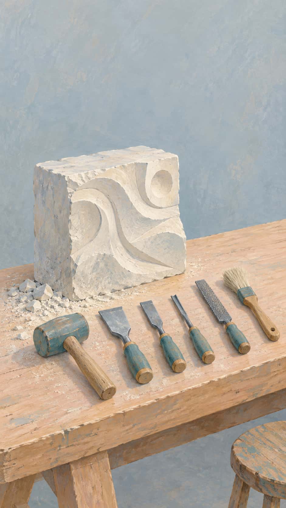 A small pale stone block with a half finished abstract relief of flowing curved lines sits on a bench beside a mallet, three chisels, a rasp and a brush in gouache.