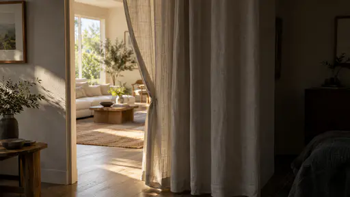 A plain linen curtain hangs half-open across a lit doorway in a home interior, the open half showing a warm bright living room and the closed half drawn shut toward a dim private room, in soft side light.