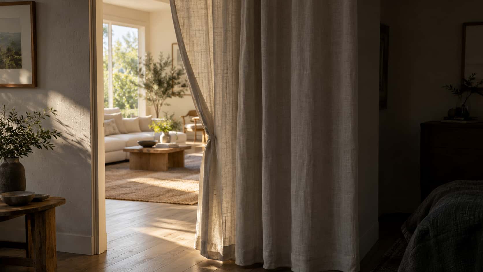 A plain linen curtain hangs half-open across a lit doorway in a home interior, the open half showing a warm bright living room and the closed half drawn shut toward a dim private room, in soft side light.