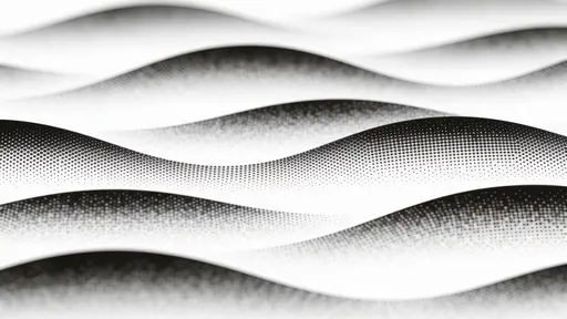 Seamless abstract halftone design of horizontal flowing waves built from fine dotted textures, using dot-density shifts for depth and softness against a clean monochrome background.