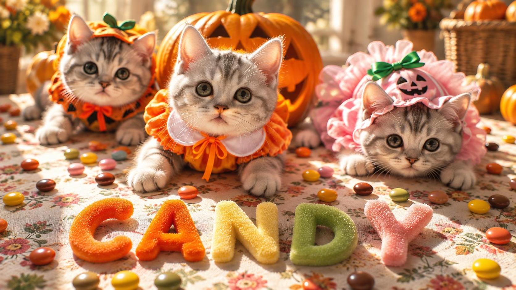 Three silver tabby kittens wear orange and pink ruffled Halloween costumes on a floral tablecloth scattered with round candies. A carved pumpkin stands behind the center kitten. Five sugar-coated letters in orange, yellow, green and pink spell CANDY across the foreground.
