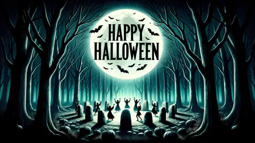 Teal and black illustrated forest with bare trees framing a huge pale mint moon reading HAPPY HALLOWEEN, black bats, dancing ghost silhouettes among blank gravestones, and dark pumpkins in front.