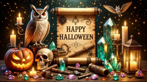A parchment scroll reads HAPPY HALLOWEEN beside a perched owl, skull, jack-o-lantern, teal crystal towers, brass lantern, books, wands, gems and candles, with another owl flying above.