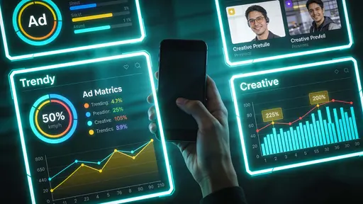 A close-up of a hand holding a smartphone in a 16:9 frame under bright neon holograms of ad metrics, trending graphs and creative previews, with deep shadows and soft teal backlight.