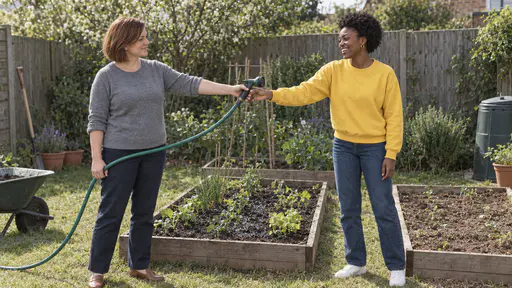 A white woman with a chin-length auburn bob in a heather-grey sweater with rolled sleeves hands a garden hose with a spray nozzle to a laughing young woman with a short natural afro in a bright yellow sweatshirt beside a half-watered vegetable bed in a sunny back garden.