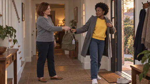 A white woman with a chin-length auburn bob in a heather-grey sweater hands a packed small canvas backpack to a young woman with a short natural afro in a bright yellow sweatshirt and grey coat who is pulling on her coat in a hallway by the front door with a water bottle poking from the bag.