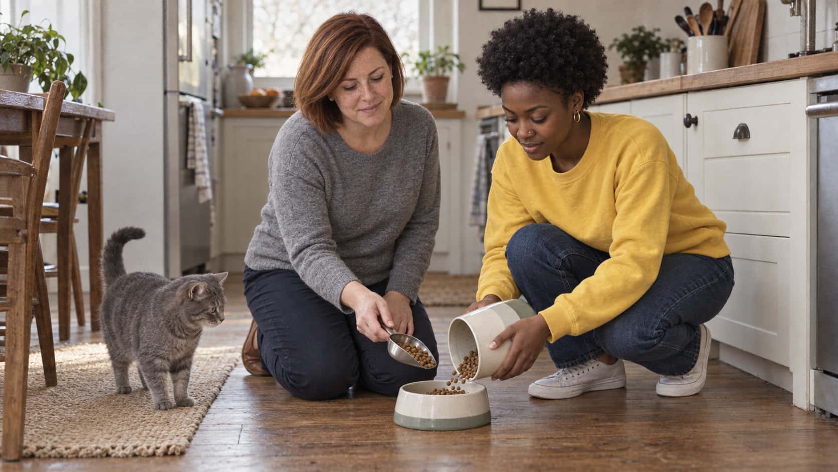A white woman with a chin-length auburn bob in a heather-grey sweater kneels beside a ceramic pet bowl handing a plain scoop of dry kibble to a young woman with a short natural afro in a bright yellow sweatshirt who crouches to pour it while a small grey cat watches alertly in warm morning light.