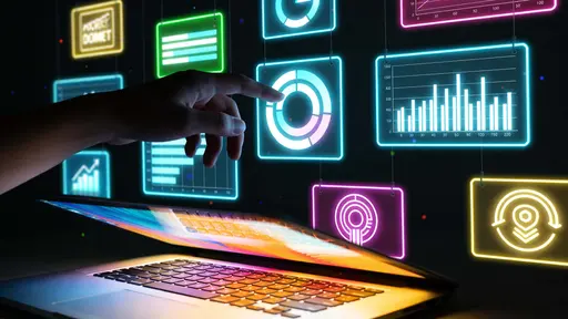A pair of hands reaches toward a holographic wall of neon ad panels and data charts suspended above a laptop in a dim futuristic room, with glowing reflections on the keyboard and a nearly black background for contrast.