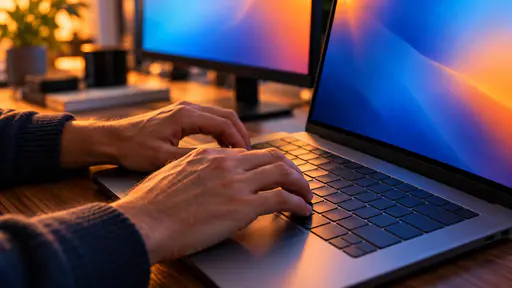 A close-up of hands typing on a laptop with a second monitor in blue and orange light.