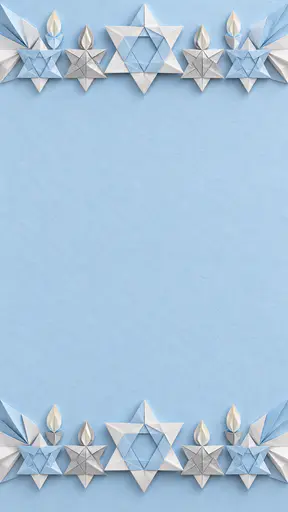 A tall pale blue folded-paper card background with a border of white and silver six-pointed paper stars and small candle flames along the top and bottom edges and a large plain area in the middle.