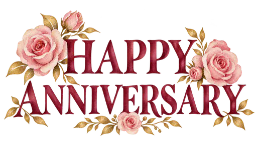 The words HAPPY above ANNIVERSARY in hand-painted deep burgundy watercolor capital letters with blush roses and small gold-toned leaves beside them, on a transparent background.
