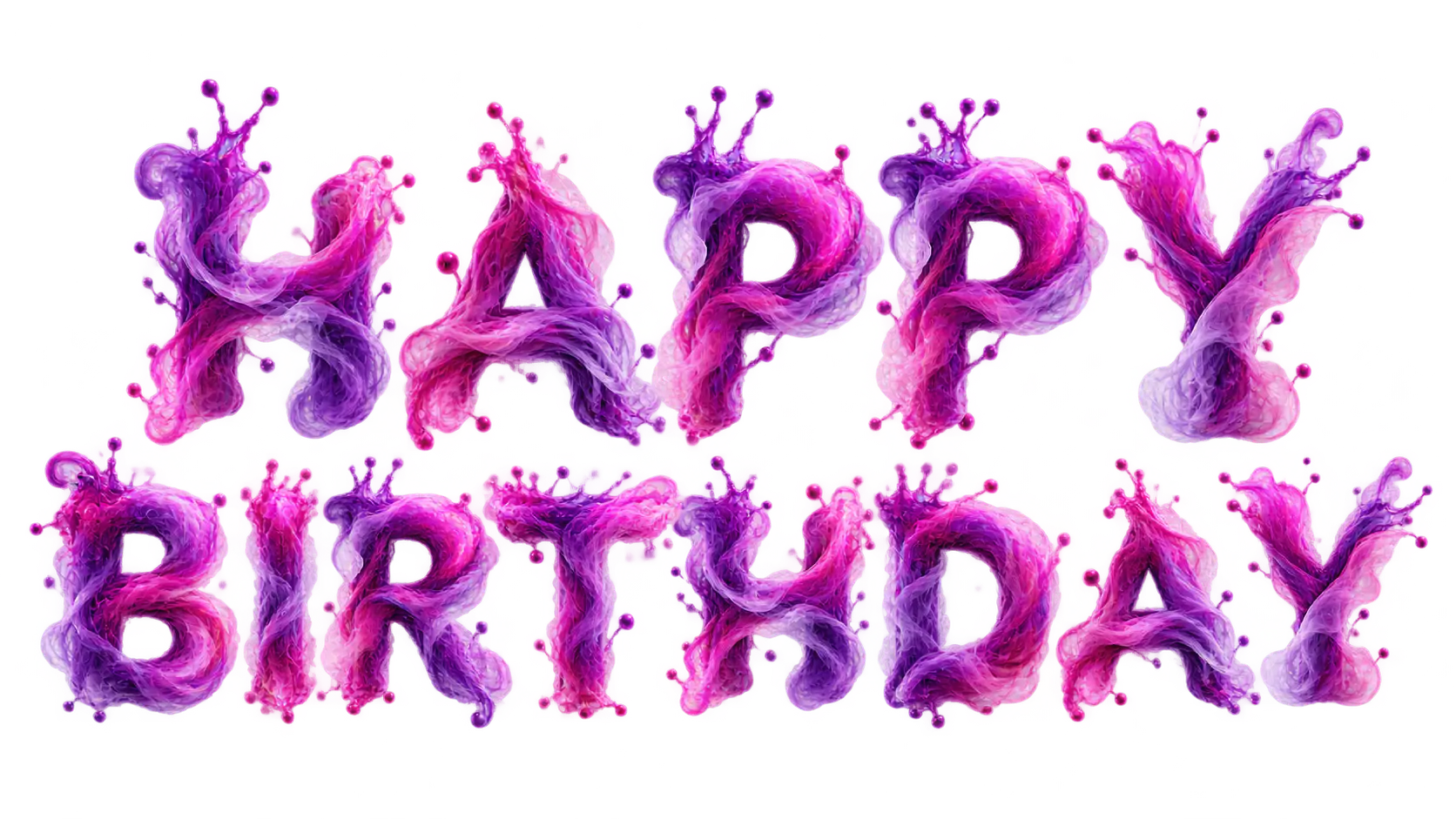 The words HAPPY above BIRTHDAY in capital letters made of swirling violet and pink smoke with wispy trailing edges, on a transparent background.