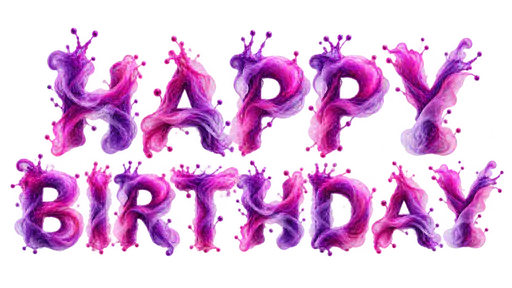 The words HAPPY above BIRTHDAY in capital letters made of swirling violet and pink smoke with wispy trailing edges, on a transparent background.