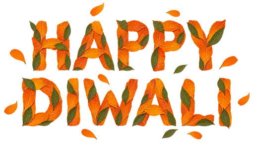 The words HAPPY above DIWALI in capital letters assembled from flattened orange marigold petals and green leaves with a few loose petals around them, on a transparent background.
