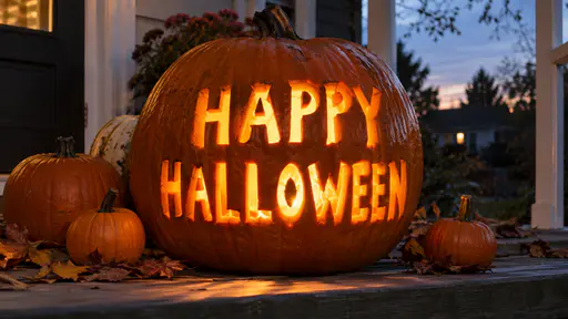 A giant orange pumpkin on a plank porch step at dusk with the words HAPPY on one line and HALLOWEEN on the next carved through its skin, a candle glowing inside, smaller pumpkins and fallen leaves at its base.
