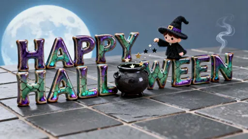 Photo-real 16:9 render of 'HAPPY HALLOWEEN' glossy raku letters in oil-slick violets (#5B2C82) and greens (#2AA06B) with hairline crackle, a felt-and-chenille witch sprinkling gold stars (#FFC857) on a cool slate tile (#E8E9EB) with faint-p